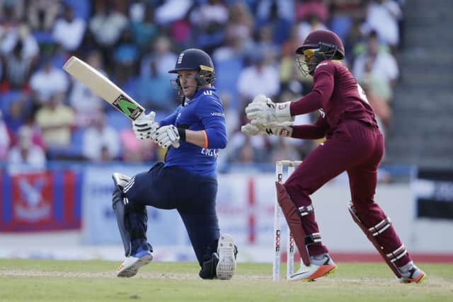 England's Jason Roy plays a shot under the watch of West Indies' wicket keeper Shai Hope during their second one day international in Antigua. Picture: AP Photo/Ricardo Mazalan
