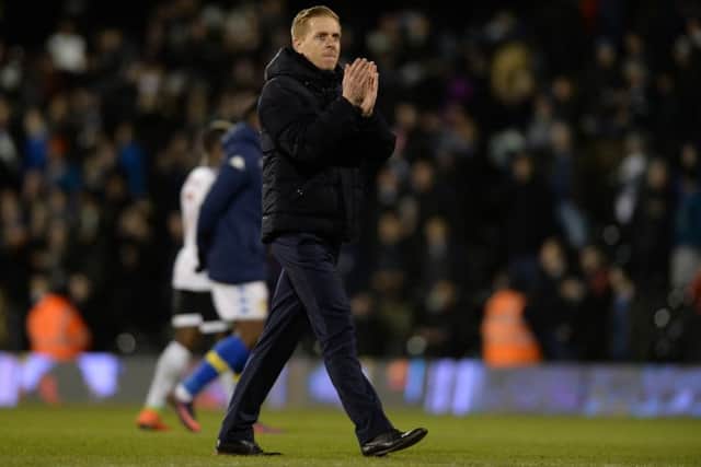 Garry Monk applauds the Leeds United fans at full-time at Craven Cottage. Picture: Bruce Rollinson