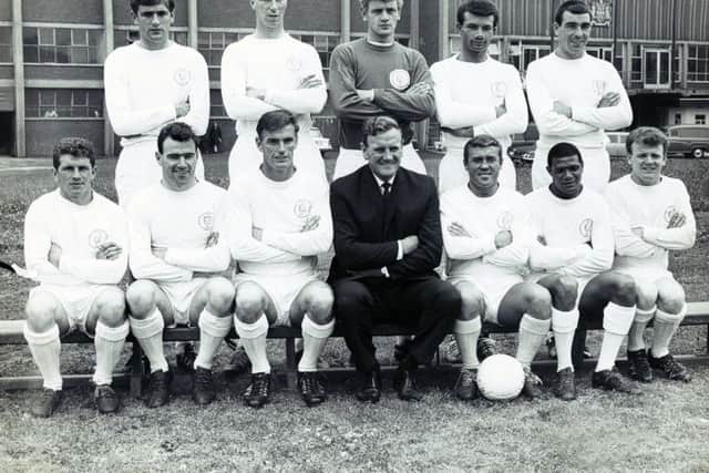 Leeds United in 1965. Back row (left to right): Norman Hunter, Jack Charlton, Gary Sprake, Paul Reaney, Willie Bell. Front row (left to right): Johnny Giles. Jim Storrie, Alan Peacock, Don Revie, Bobby Collins, Albert Johanneson, Billy Bremner.