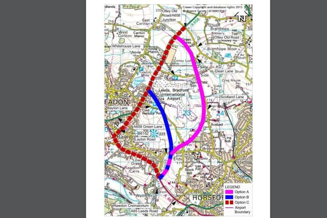 The proposed routes for a link road to Leeds Bradford Airport