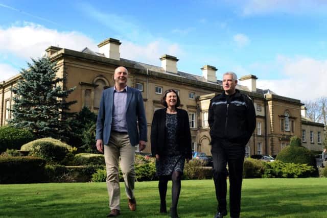Newby Wiske Hall, the Grade II listed HQ of North Yorkshire Police. 
From left, Richard Sanders from PGL, North Yorkshire Police Police and Crime Commissioner Julia Mulligan and North Yorkshire Police Chief Constable Dave Jones.
Picture: Jonathan Gawthorpe