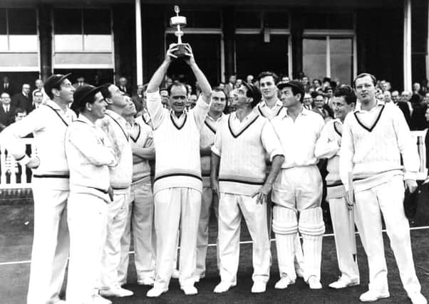 Lords, London, 4th September 1965
, the
Gillette Cricket Cup final. Yorkshire captain Brian Close holds the cup aloft watched by his victorious team including

Don Wilson, Doug Padgett, John Hampshire, Ken Taylor, Brian Close, Ray Illingworth, Fred Trueman, Richard Hutton, Jimmy Binks, Phil Sharpe, Geoff Boycott.
