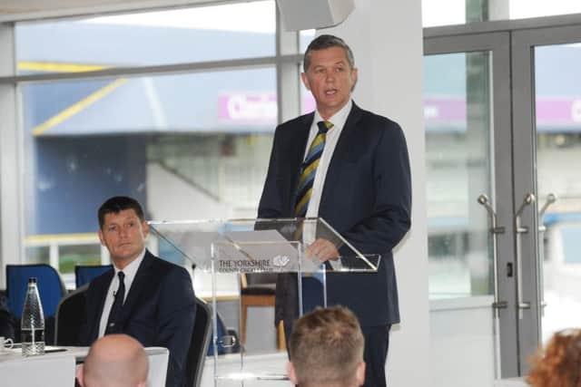 DRIVING YORKSHIRE FORWARD: Yorkshire CCC chief executive Mark Arthur addresses the club's AGM at Headingley on Saturday, with director of ccricket, Martyn Moxon, watching on. Picture: Steve Riding.