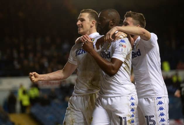 Chris Wood celebrates his second goal - scored from the penalty spot - with Souleymane Doukara and Pablo Hernandez.