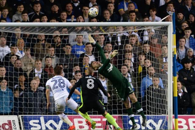 Rob Green saves a shot from Brighton's Jiri Skalak at Elland Road on Saturday.  Picture: Bruce Rollinson