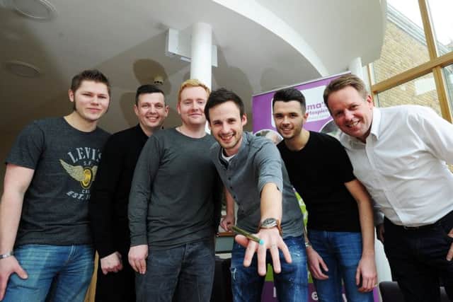 Snooker players - Daniel Womersley, Peter Lines ,Ben Woollaston, David Gilbert, Oliver Lines and Joe Swail - are involved in a charity event for St Gemma's Hospice, Moortwon, Leeds. PIC: Simon Hulme