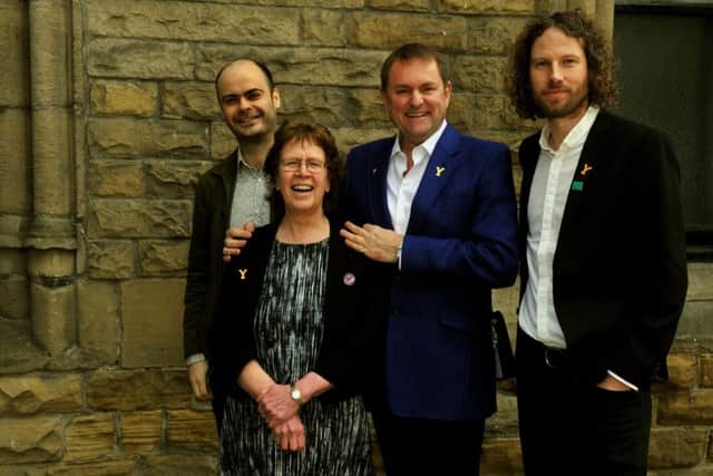 210317 Gary Verity from Welcome to Yorkshire with Judith Blake Leader of Leeds City Council and two of the Kaiser Chiefs Peanut (left) and Simon Rix at the Y17 conference at York Theatre Royal yesterday(tues)