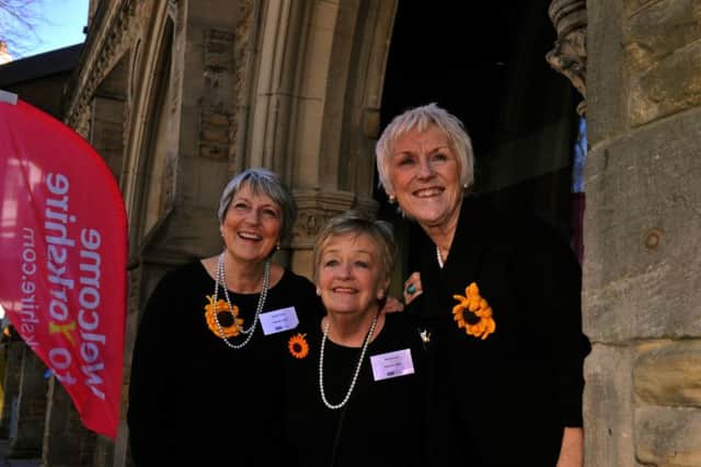 210317  Three of the origional Calendar Girls  l to r.. Angela Baker, Ros Fawcett and Tricia Stewart at  the  Y17  conference at York Theatre Royal  yesterday(tues)