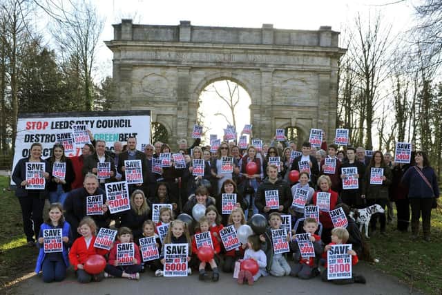 BACKLASH: Campaigners from the Save Parlington action group gathered at the estate's triumphal arch to oppose the plans. Picture: Tony Johnson.