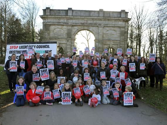 BACKLASH: Campaigners from the Save Parlington action group gathered at the estate's triumphal arch to oppose the plans. Picture: Tony Johnson.
