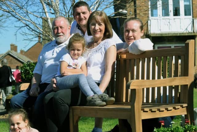 The family of Ian Collinson try out the new  bench unveiled  as a memorial to Ian Collinson in Micklefield near Leeds, l to r... Neil Collinson his brother great nieces Freya 8 and Erin 5 Macdonald  John Macdonald, Sue Collinson and  Niece Clare MacDonald .