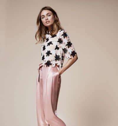 V by Very pink shell lace top, Â£45; satin trousers, Â£25, at Very.co.uk.