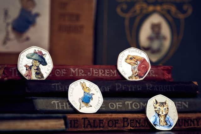 The Royal Mint's 2017 Beatrix Potter limited edition commemorative coins, featuring four of her best-loved characters Peter Rabbit, Benjamin Bunny, Tom Kitten and Jeremy Fisher.