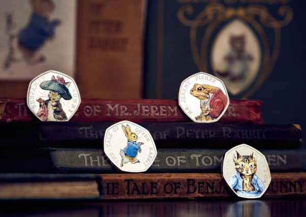 The Royal Mint's 2017 Beatrix Potter limited edition commemorative coins, featuring four of her best-loved characters Peter Rabbit, Benjamin Bunny, Tom Kitten and Jeremy Fisher.