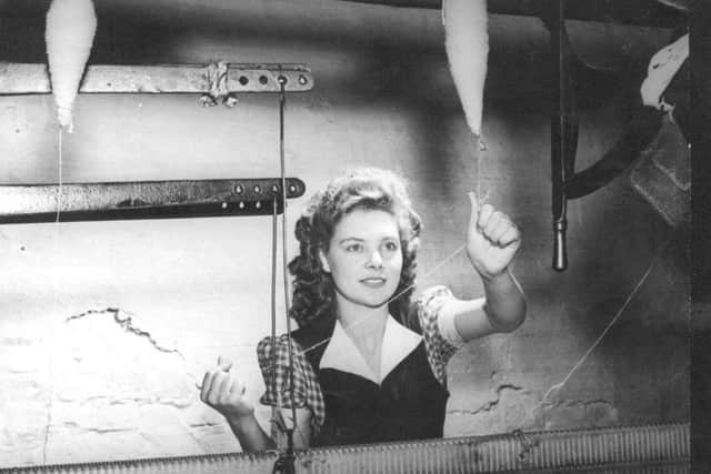 Doreen Fletcher (née Kerfoot) back at the loom after she became the Yorkshire Wool Queen in 1948.