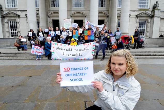 Lucy Clement and the Fair Access Group demonstrating on the steps of Leeds Civic Hall in 2015 protest to the lack of school places in North Leeds.