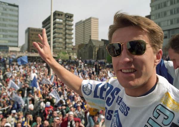 Lee Chapman at the open top bus parade on May 3, 1992.