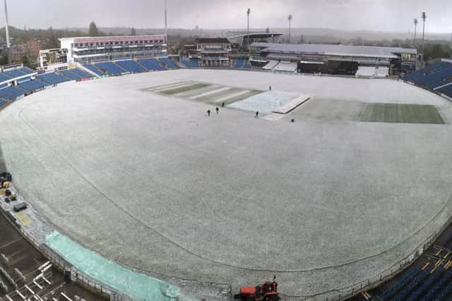 Snow has stopped play at Headingley. Photo: @YorkshireCCC/Twitter