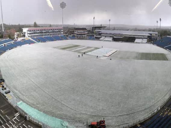 Snow has stopped play at Headingley. Photo: @YorkshireCCC/Twitter