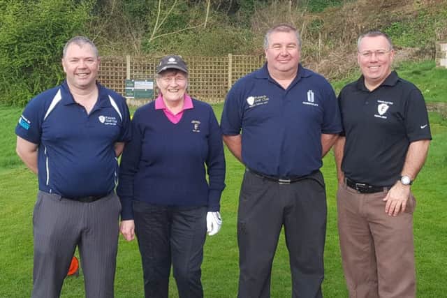 In Fulnecks 125th anniversary year holding honoured positions are, l-r, Glen Roberts, mens captain; Carol Singleton, ladies captain, Darren Connaleigh, Rabbits captain; and Bob Wagner, president.