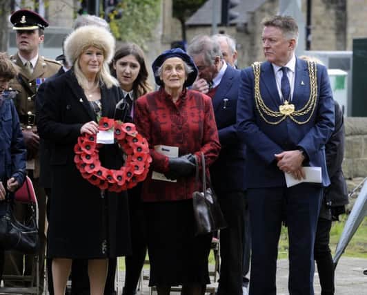 A paving Stone is unveiled for war hero Capt David Hirsch at St Chads War Memorial, Otley Road, Headingley, Leeds...Pamela Holliday the niece of David is pictured at the service pictured with Mayor of Leeds Cllr Gerry Harper and Mayoress Lynne Scholes .27th April 2017 ..Picture by Simon Hulme