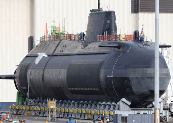 The new fourth Astute-class nuclear-powered submarine, HMS Audacious, outside its indoor ship building complex at BAE Systems, Burrow-in-Furness.