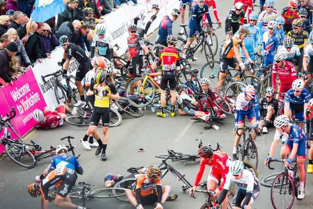 The aftermath of a big crash during the sprint finish in Scarborough.