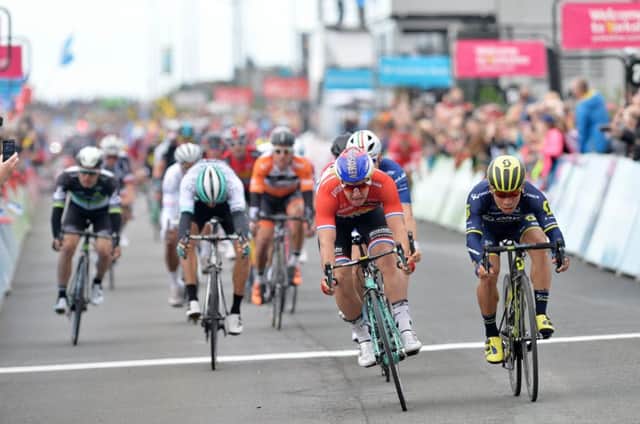 Dylan Groenegwgen wins the 1st stage in Scarborough from Caleb Ewan. Tour de Yorkshire Stage 1 - Bridlington to Scarborough.