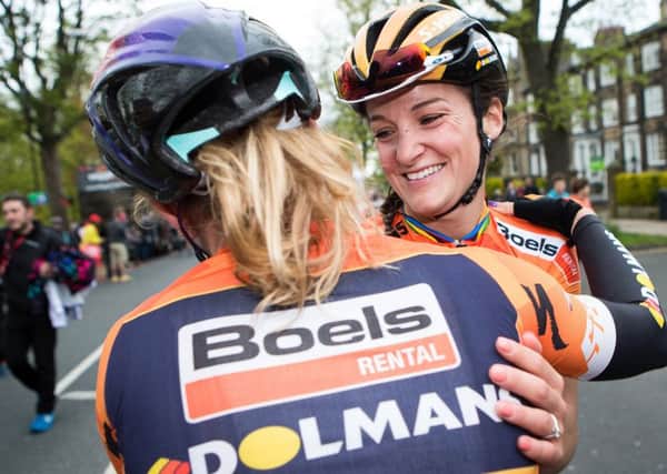 Boels Dolmans' Lizzie Deignan celebrates with her team-mate after winning the race. (Picture: SWPix.com)