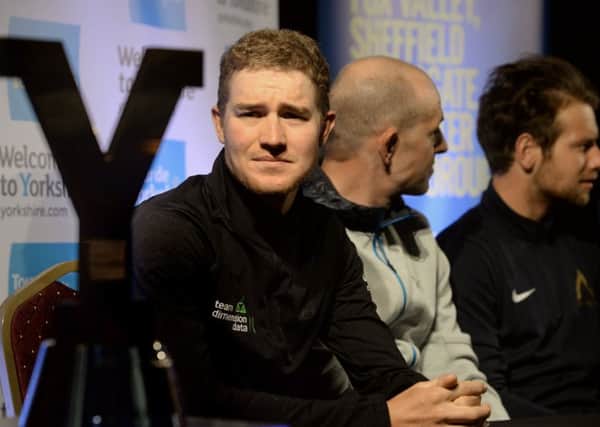 Scott Thwaites of Dimension Data, Ian Stannard of Team Sky and Adam Blythe of Aqua Blue Sport  at the press conference on the eve of the  2017 Tour de Yorkshire at the National Railway Museum. (Picture: Bruce Rollinson)