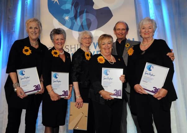 The Yorkshire Women of Achievment awards, at New Dock Hall, Royal Armouries Leeds.The Original Calendar girls with Terry Logan win the White Rose Award..20th May 2016 ..Picture by Simon Hulme
