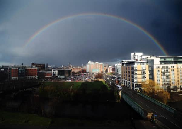 Rainbow over Leeds. Picture : Jonathan Gawthorpe.