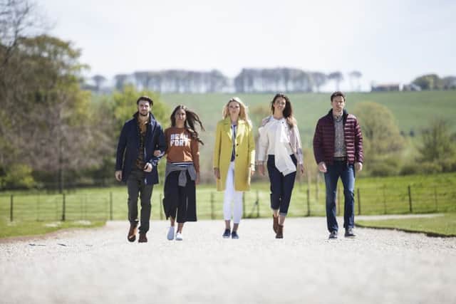 John Lewis, Left to Right.
 Idris Mac Â£110; mustard polo Â£20; cashmere cardigan Â£99; shirt Â£45; khaki chino Â£40; Chester Suede Chelsea boot Â£79, all John Lewis. 
 Modern Rarity Culotte Â£100; Barbour Bee Crew Â£109 available in Loved & Found; Barbour Affiliate Crew Â£89.95; John Lewis Stripe Top Â£25; And/Or Furina Shoe Â£75.
Becksondergaard clutch bag Â£65 available in Loved & Found; Pure acid yellow coat (available next season); Kin Laura Slater tie back top Â£49; And/Or Avalon ankle grazer denim Â£85; Kin Erland navy shoe Â£75. 
 People Tree Jacket Â£110 available in Loved & Found; Barbour denims Â£109 available in Loved & Found; Modern Rarity shirt Â£100; And/Or Tierra Shoe 95.  
 Barbour Impeller jacket Â£149; Barbour lambswool jumper Â£84.95; John Lewis shirt Â£45; Hugo Boss jean Â£119; Paul Smith Inky shoe Â£175.