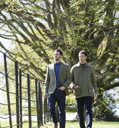 Fashion at the 2017 Great Yorkshire Show: Brook Taverner Yorkshire Agricultural Society jackets and accessories made of Great Yorkshire Tweed, Left,  YAS Mens tailored fit single breasted two button jacket Â£250; Dazio jeans Â£120; blue flannel shirt from Brook Taverner autumn collection Â£60 and right, YAS Mens Shooting Coat Â£350; Templeton tailored fit cotton jeans Â£90; cotton cashmere roll neck jumper Â£80.