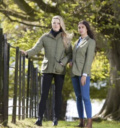 Brook Taverner Yorkshire Agricultural Society new women's jackets and accessories made from Great Yorkshire Tweed: YAS shooting coat, ?350; cashmere roll neck, jumper ?80; tweed scarf, ?20. Right: single-breasted two-button jacket, ?250; blouse, ?40.