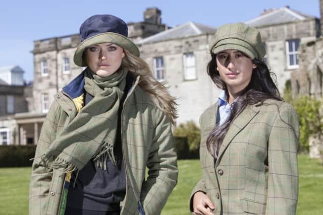 Brook Taverner Yorkshire Agricultural Society new women's jackets and accessories made from Great Yorkshire Tweed: YAS shooting coat, ?350; cashmere roll neck, jumper ?80;, soft hat ?45; tweed scarf, ?20. Right: single-breasted two-button jacket, ?250; blouse, ?40; cap, ?49.