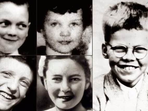 The moors murder victims. John Kilbride (top left), Lesley A. Downey (top middle), Edward Evans (bottom left), Pauline Reade (bottom middle) and Keith Bennett (right).