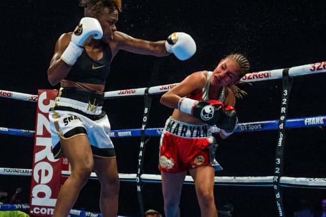 Adams on her way to defeating Maryan Salazar at the First Direct Arena last weekend. (James Hardisty).