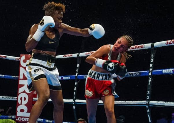 Adams on her way to defeating Maryan Salazar at the First Direct Arena last weekend. (James Hardisty).