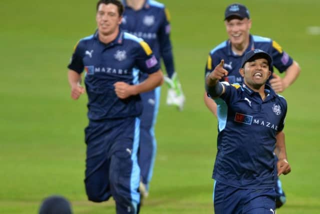 Yorkshire celebrate Matt Fisher taking Clint McKay's wicket, caught Jack Leaning. Picture Bruce Rollinson