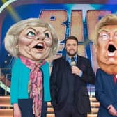 Comic Jason Manford with Bigheads contestants dressed as Theresa May and Donald Trump. (Photo: ITV).