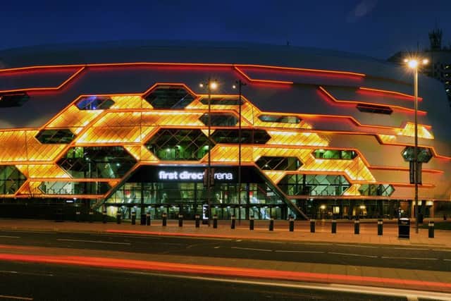 The First Direct Arena lights up in the colours of the Belgium flag in suppoprt of the people of Brussels following todays terrorist attack.  22 March 2016.  Picture Bruce Rollinson