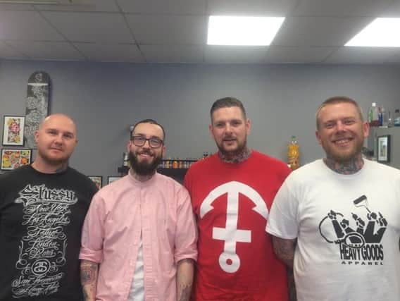 Staff at the Black Craft Custom Tattoo Studios in Wakefield, who have been doing bee designs to raise money for people affected by the Manchester terror attack