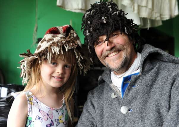 Leeds Wool Festival at Leeds Industrial Museum sat 3rd june 2017  Anya Atkins, five of Wakefield and Luddite Dave Hunt from the Yorkshire Museum of Farming wearing  hand woven hats