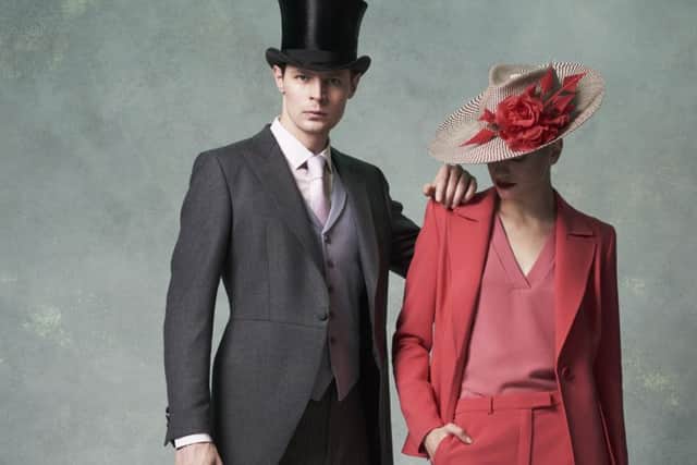 He wears: Hat by Oliver Brown, from £500; Coat, £690, waistcoat, £150, trousers, £240, all from Favourbrook; shirt, £89, from RedBaker; tie, £40, Reiss; shoes, £385, Crockett & Jones.
She wears: Hat, £495, by Jess Collett at Fenwick; jacket, £755, and trousers, £355, Escada; shoes, £425, and bag, £475, both at Jimmy Choo.