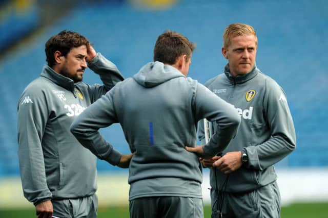 Last season's Leeds United head coach, Garry Monk, with Pep Clotet and James Beattie, whose contracts won't be officially confirmed one way or the way until June 30.