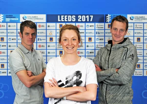 Non Stanford with Jonny and Alistair Brownlee set to compete in the Columbia Threadneedle World Triathlon in Leeds. Picture Tony Johnson