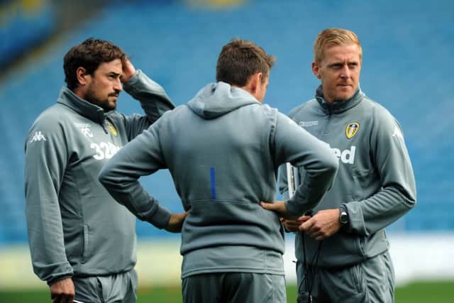 Former Leeds United head coach Garry Monk with Pep Clotet and James Beattie, whose Elland Road contracts expire at the end of this month. PIC: Jonathan Gawthorpe