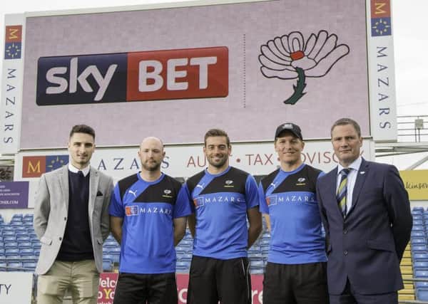 Sky Bet's Michael Holinski with Yorkshire's Adam Lyth, Jack Leaning, Gary Ballance and Andy Dawson.