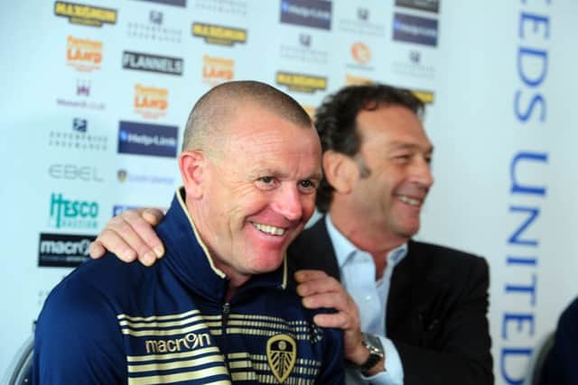 Massimo Cellino unveils David Hockaday as his head coach at a press conference at Elland Road on June 19, 2014.